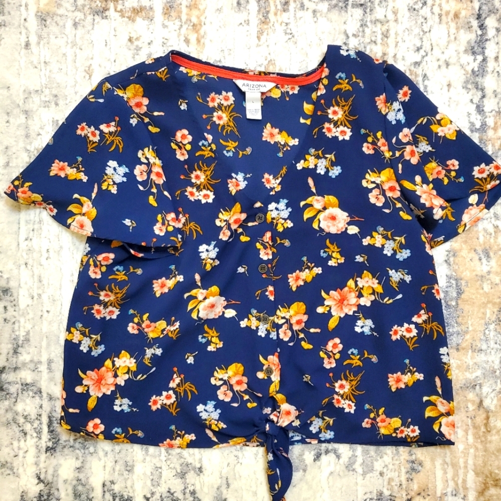 Arizona Cropped Navy Blue Floral button-down flutter sleeve tie waist Shirt sz L